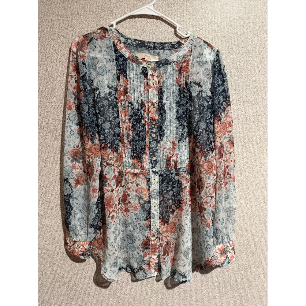 LOFT Womens Medium Floral Patchwork Pintuck Button Down Blouse Navy Coral White